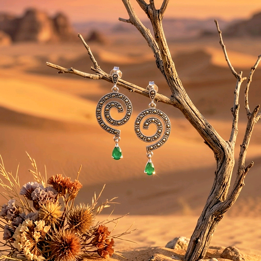 Silver Marcasite Spiral Green Earrings